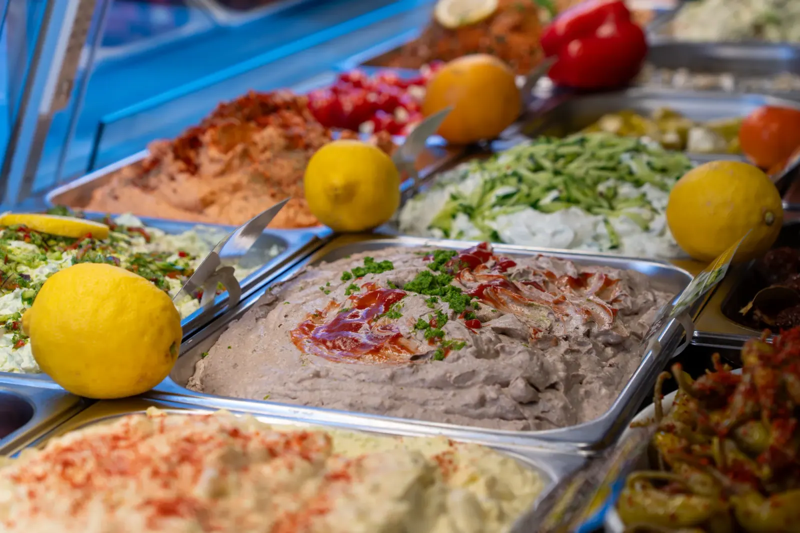 Feinkost-Theke mit Antipasti, Hummus und frischem Gemüse bei BULUT & WOLKE